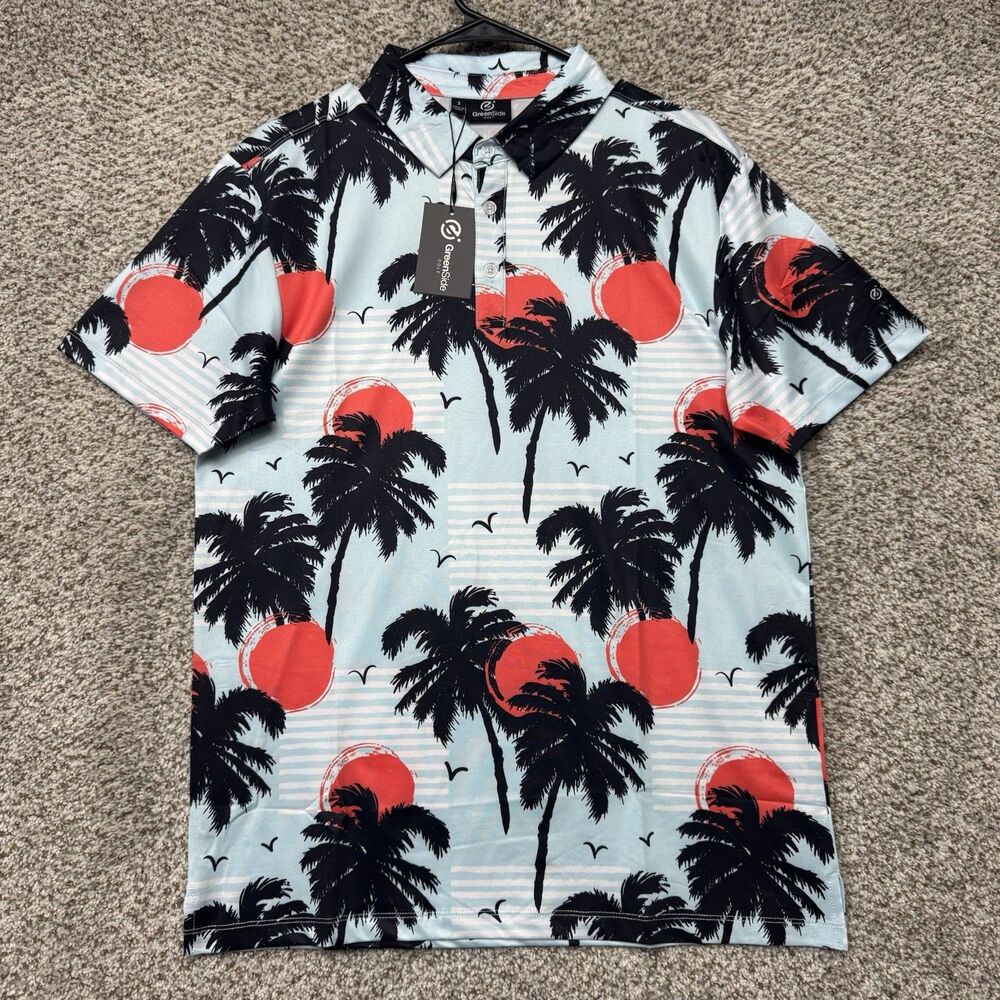 Greenside Golf‎ Polo Shirt Men's Small Cali Sunset All Over Print Palm Trees New